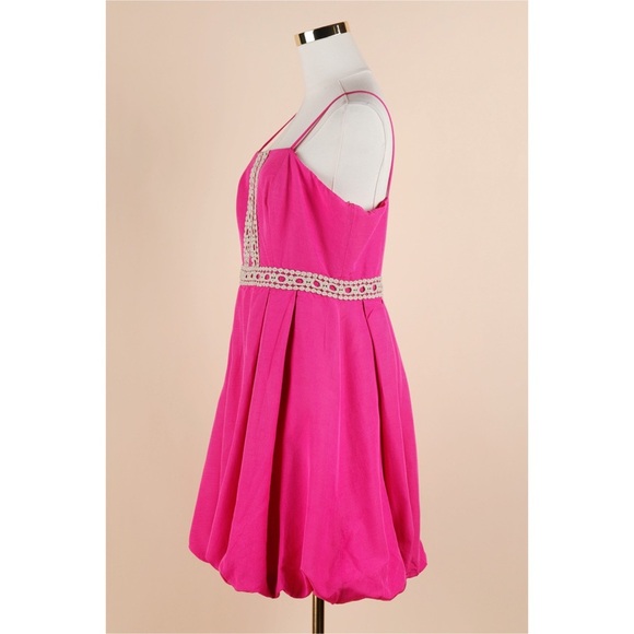 Sz 10 Tommy Hilfiger Raspberry Pink Textured Gold Lace Trim Mini Cocktail Dress - Picture 3 of 5